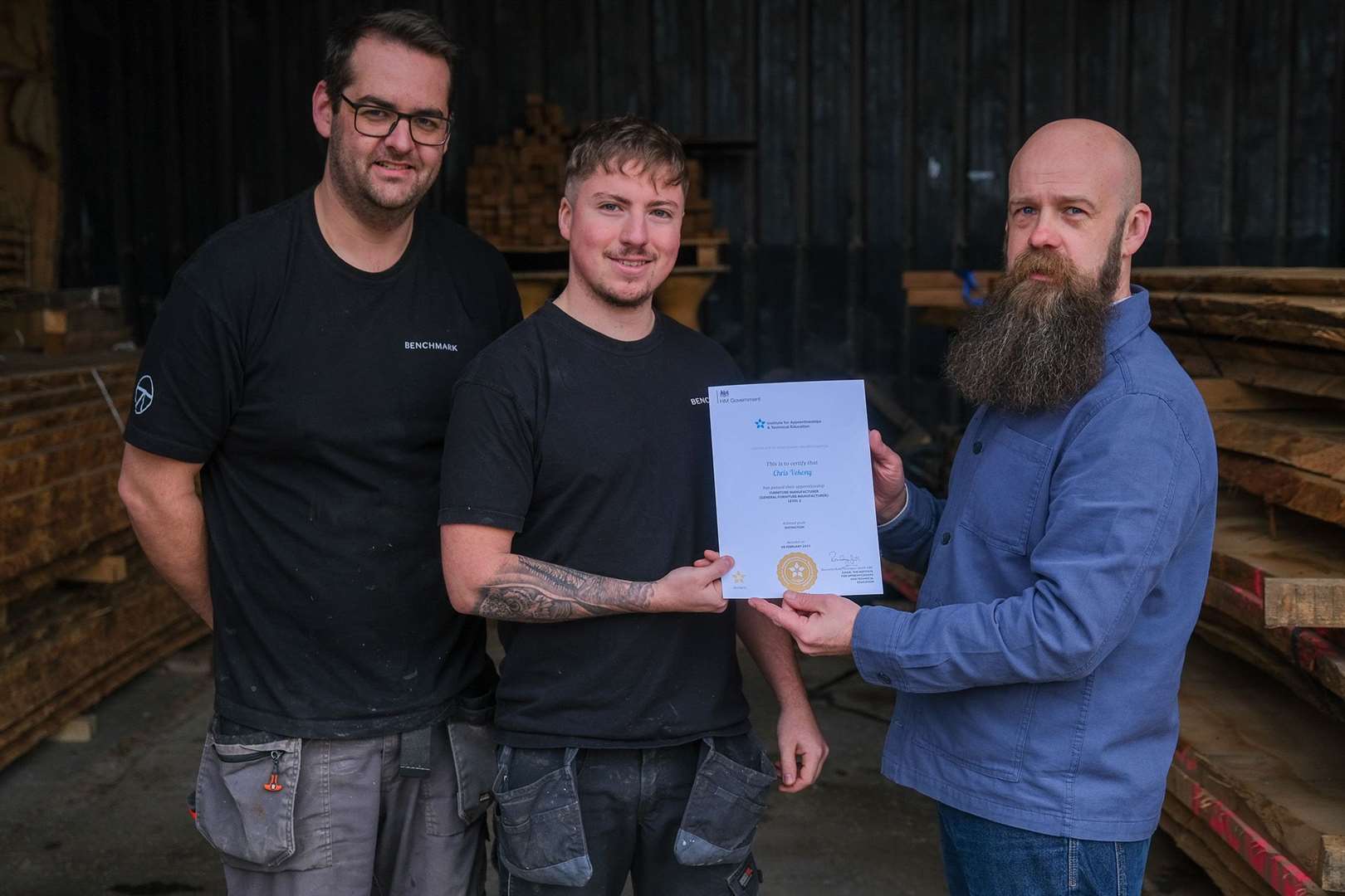 Benchmark apprentice trainer Ben Clarridge with apprentice Chris Vekony and furniture lead at Rycotewood Furniture Centre Josh Hudson