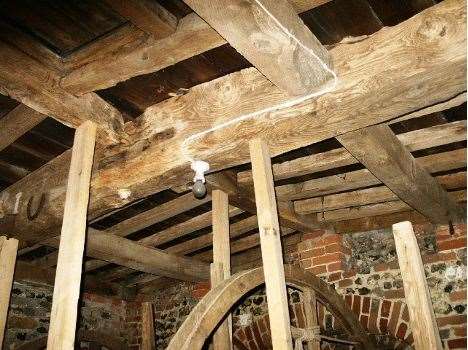 Beams inside the tower currently on temporary supports. Credit: Boxford PCC