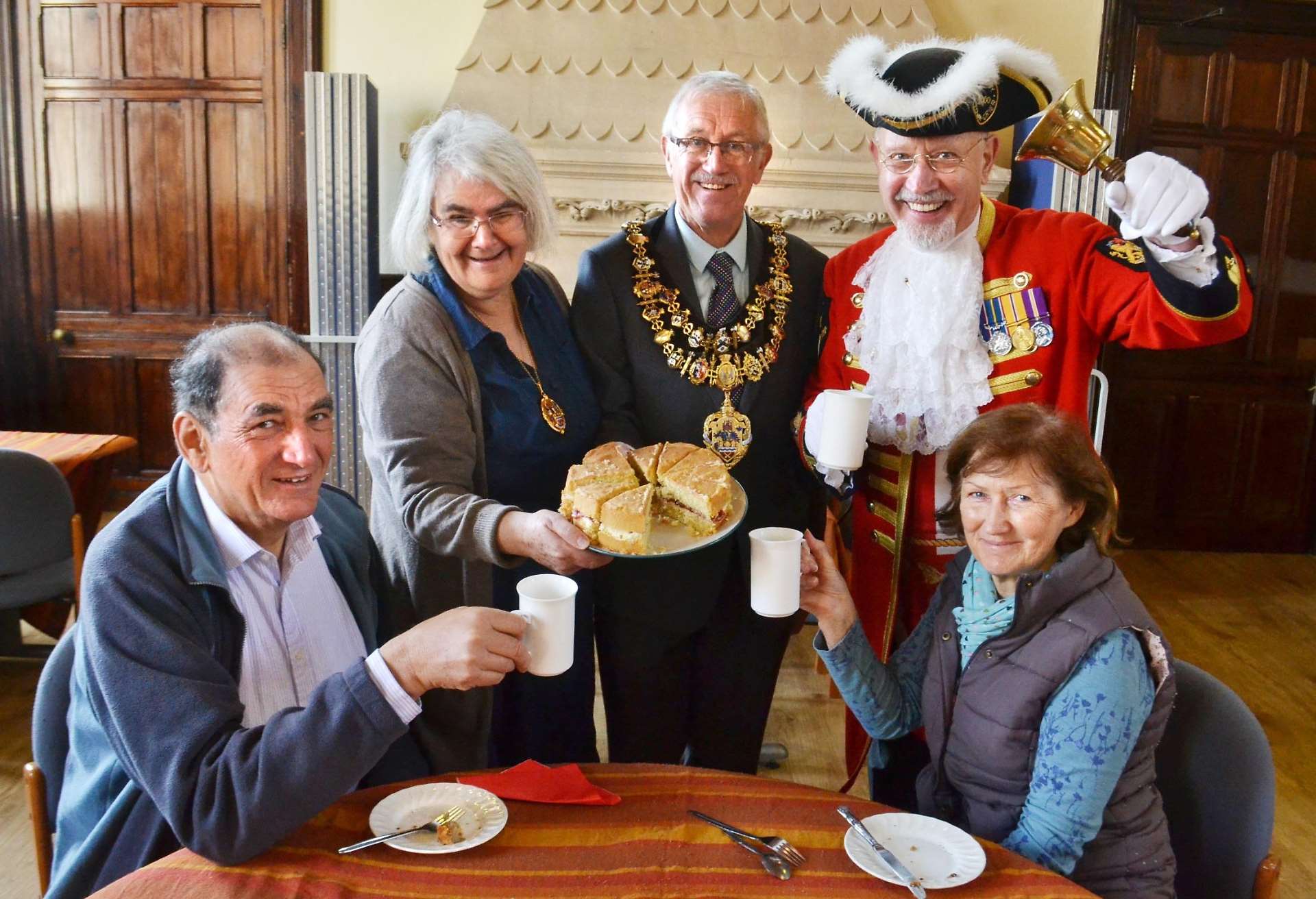 Socrates and Caroline Solomides, Mayoress Marion Fenn, Mayor David Fenn and town crier Brian Slyvester