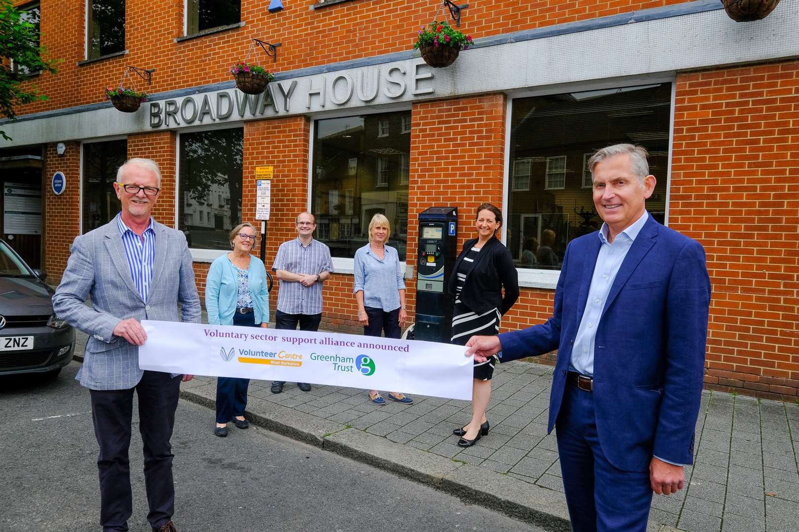 From left to right Volunteer Centre West Berkshire's Garry Poulson, with Sara Hanson, Chris Read, Jan Ferrer, Louise James, and Greenham Trust's Chris Boulton. Ref: 26-2621A