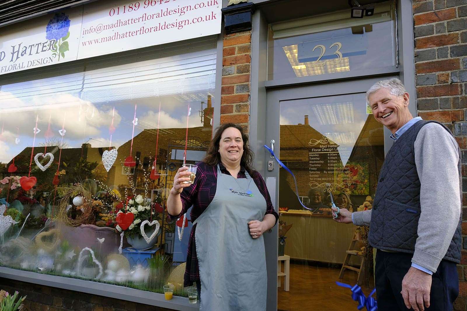 Cllr. Dominic Boeck opening Mad Hatter Floral Design with owner Kerry Thomas