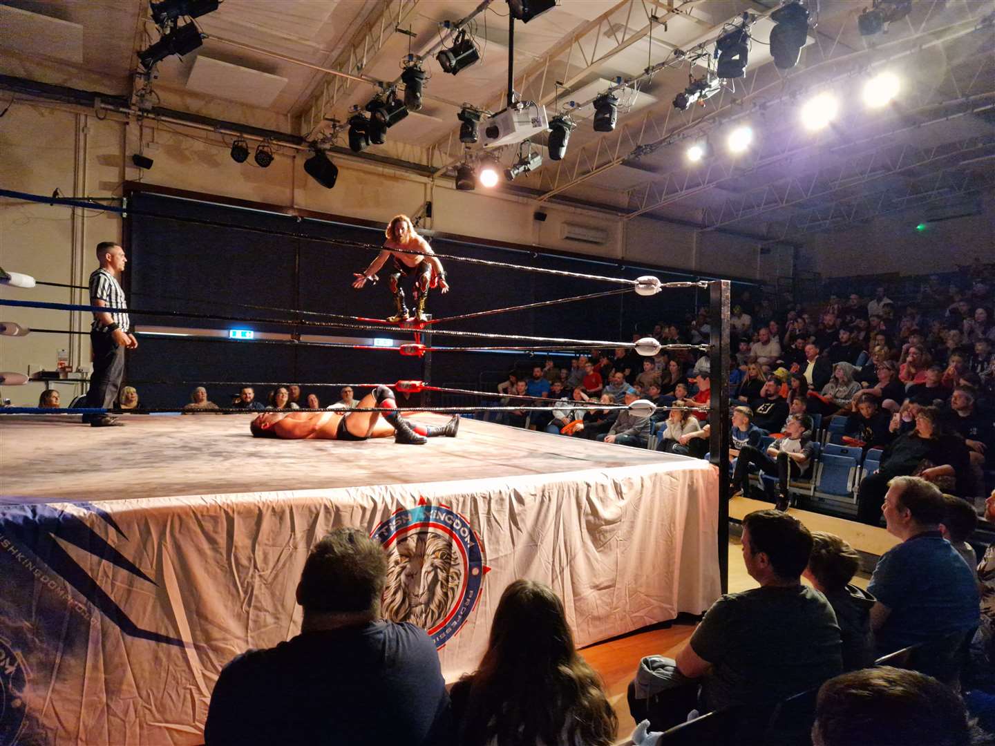 A top rope manoeuvre at a British Kingdom Pro Wrestling show at Kennet School in Thatcham