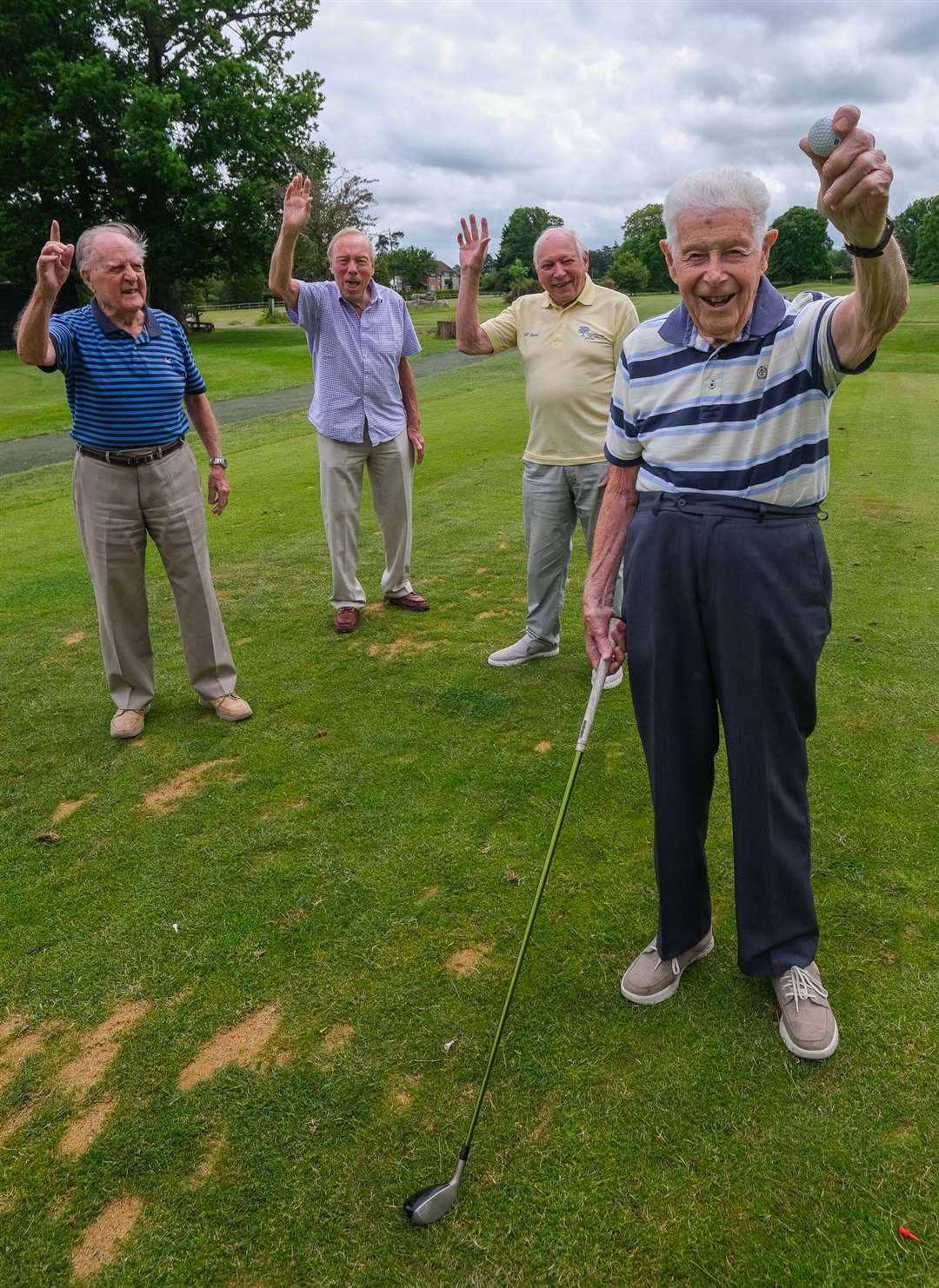 Jim Dearlove celebrates 100th Birthday with a game of golf..Tom (95), Ian (81) and Cliff (86)..Ref: 24-0221... (48094086)