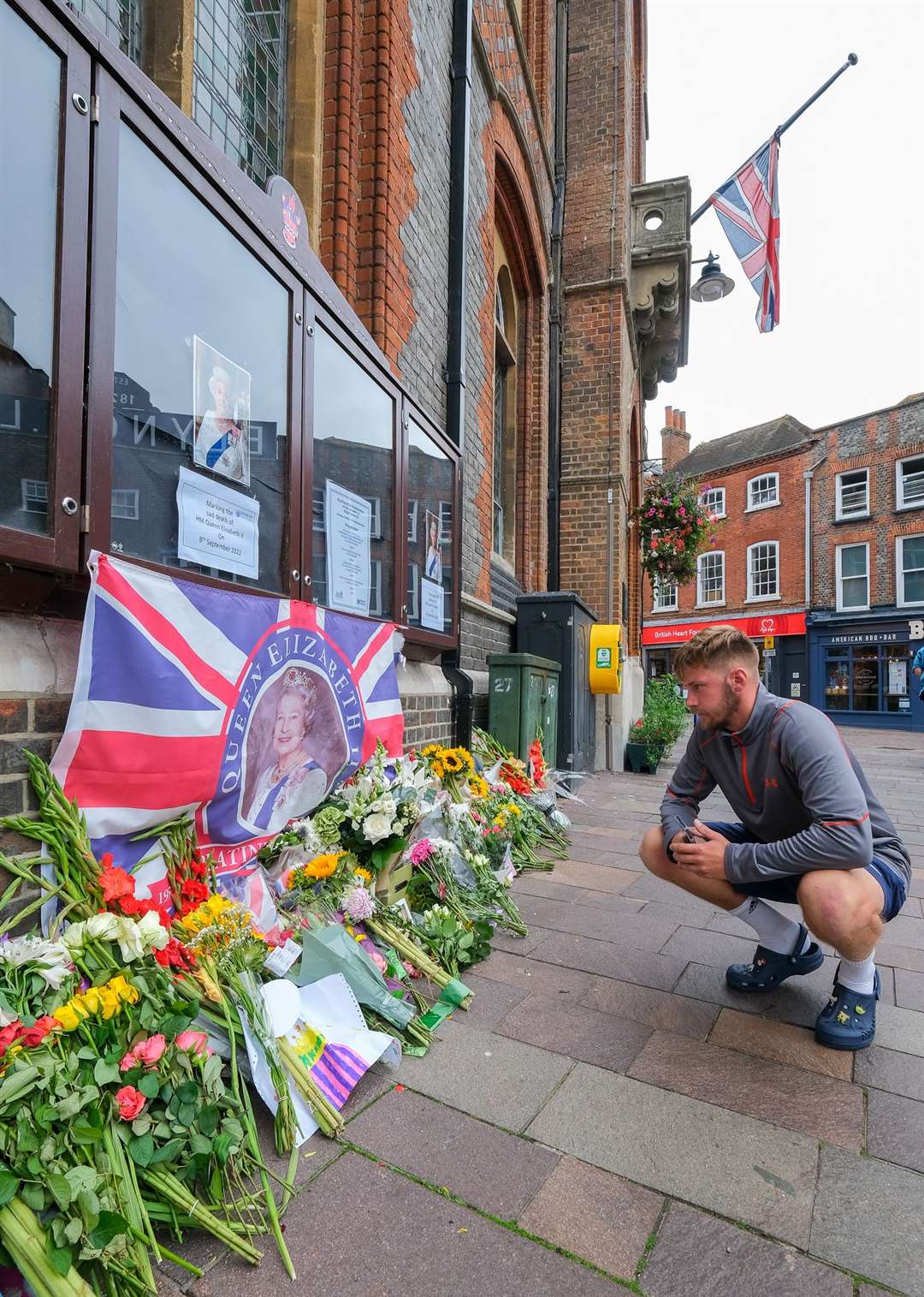 Flowers left for the Queen outside Newbury Town Hall. Picture by Phil Cannings