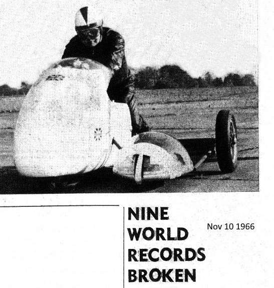 Extract from a Newbury Weekly News report about George Brown reaching record-breaking speeds at Greenham Common in November 1966