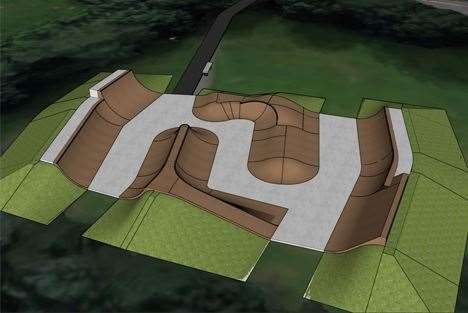 Site and 3D plan of the proposed new skatepark at Burghfield Common
