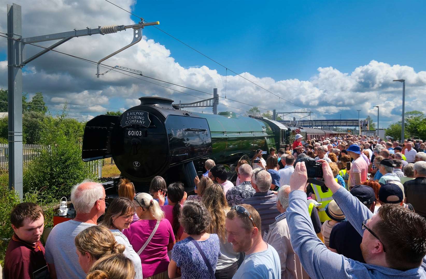 Flying Scotsman coming into Newbury Racecourse Station to take on water before heading off to Salisbury