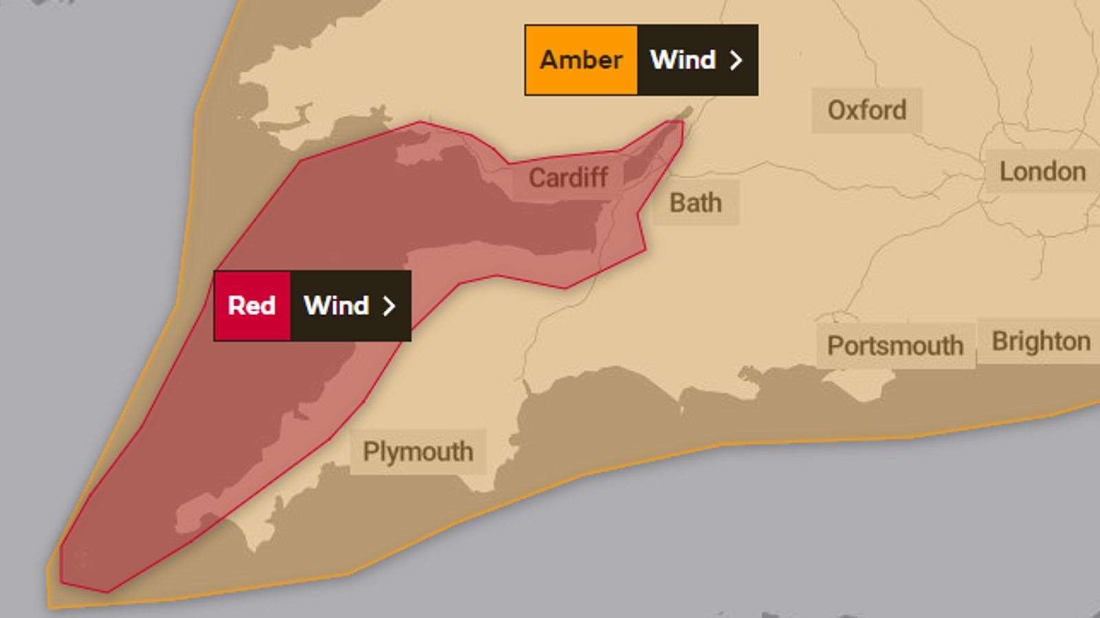 The areas where the red weather warning is in effect due to Storm Eunice (54958171)