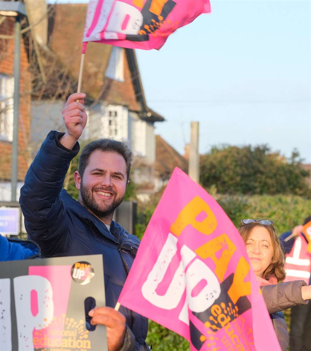Teachers striking outside St Bartholomew's School this morning
