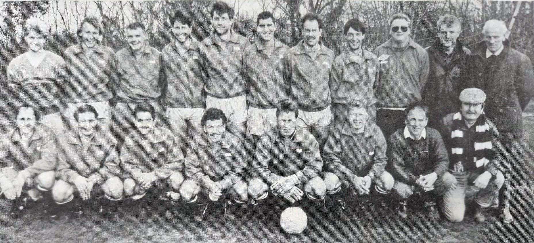 The Ecchinswell football team lines up before a game in 1990. The team was (back row, from left): Keith Skipworth, Dave Pope, Nick Ingram, Phil Wheeler, John McCusker, Nigel Huszarik, Steve Powell, Darry Herriot, John Wellman, Jim Gosling (manager) and Jack Taylor (chairman). Front row: Jeff Crame, Adrian Adams, Jimmy Green, Dave Wilkinson, Mick Birks, Terry Smith, Graham Hodgetts and John Harris.