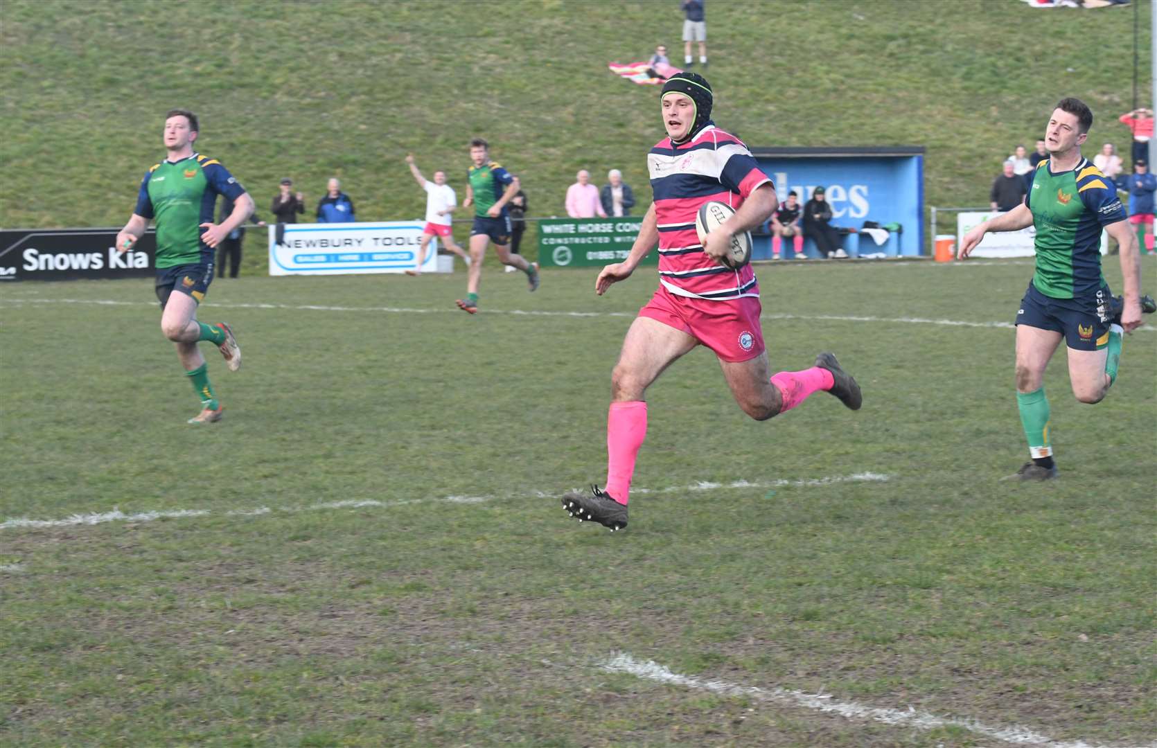 Ben Hicks scores for Newbury Blues on Pink Day - Photo: Peter Branch