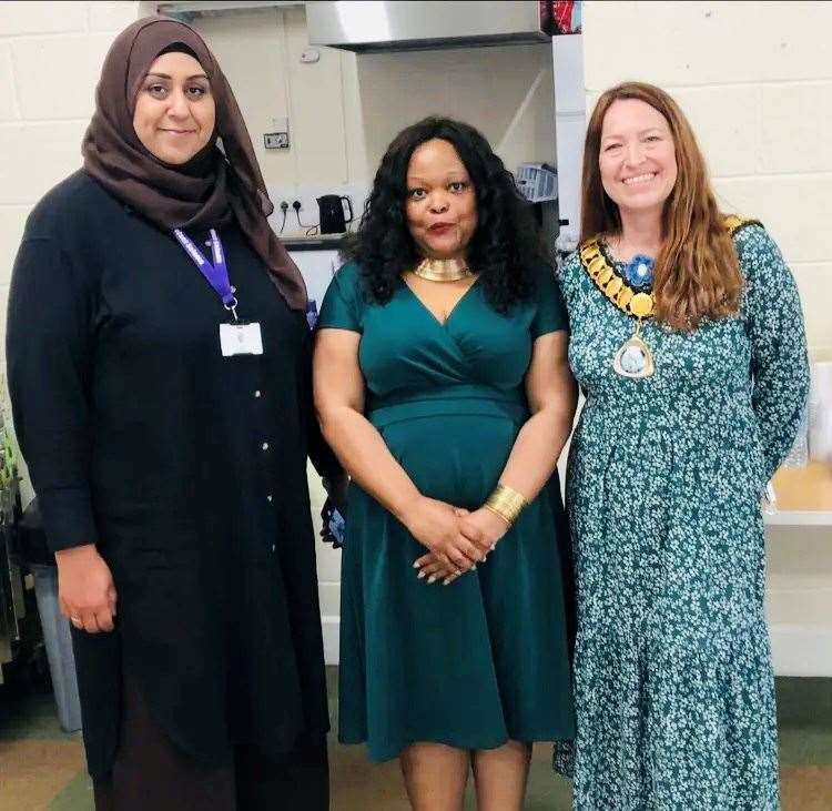 Support worker Shazia Ali, Mayor of Thatcham Petra Pemberton and charity CEO Jacqueline Mukono