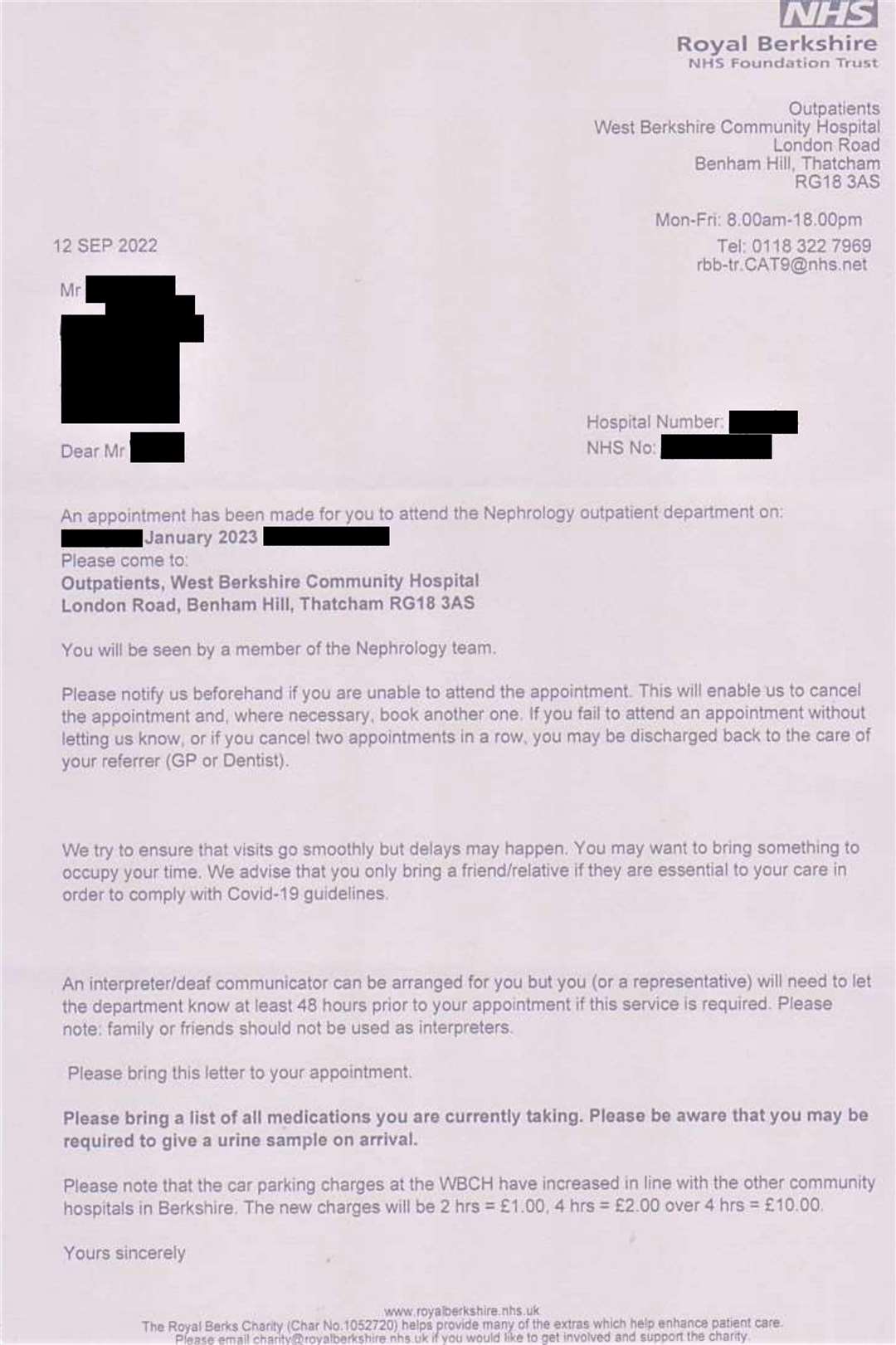 A Patient Appointment Letter does not make the parking changes clear.
