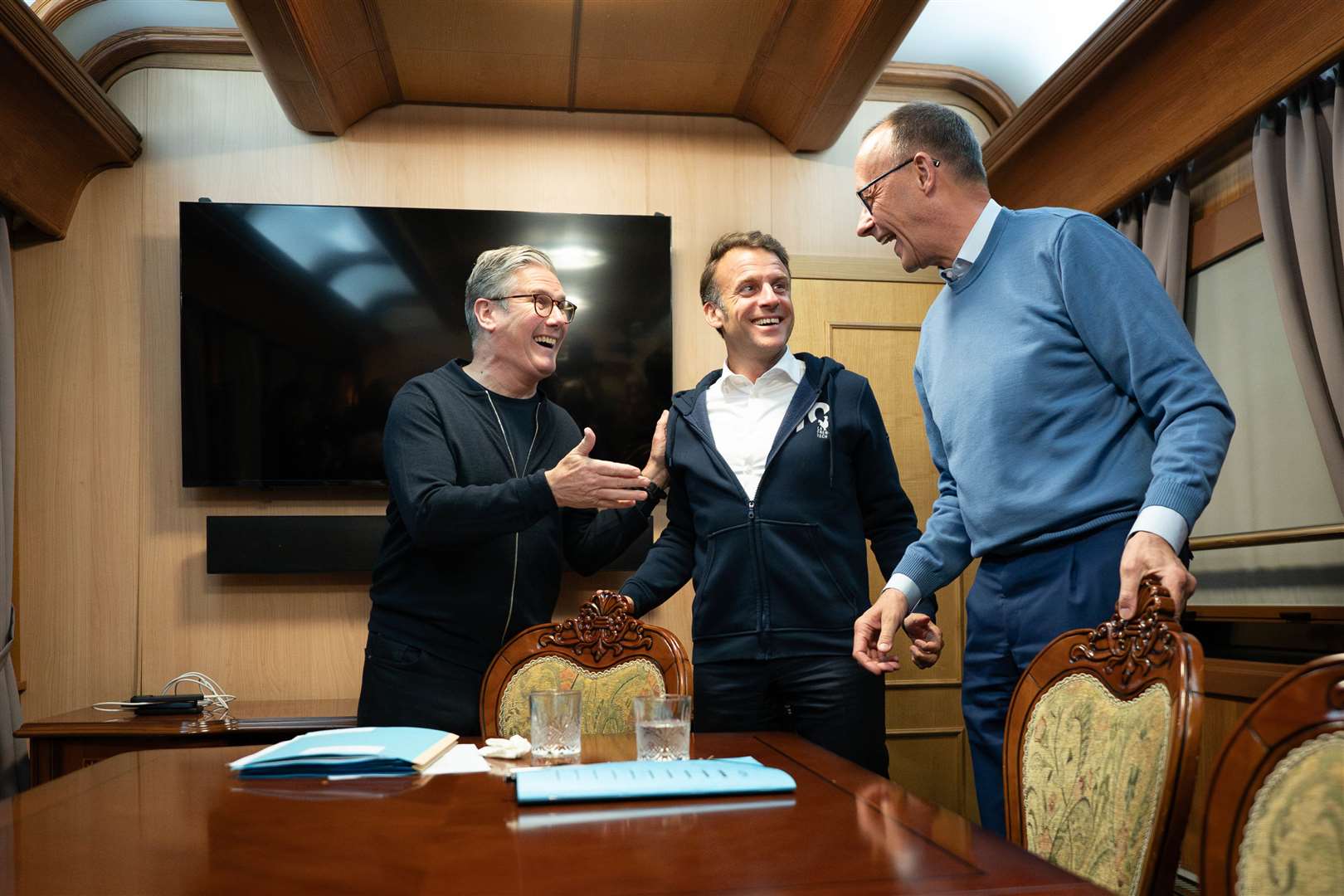 Prime Minister Sir Keir Starmer meets with French President Emanuel Macron and German Chancellor Friedrich Merz onboard a train to the Ukrainian capital Kyiv (Stefan Rousseau/PA)