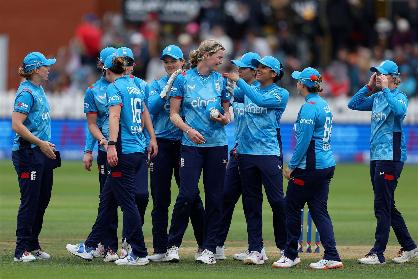 Lauren Bell (c) of England celebrates taking her fifth wicket after dismissing New Zealand's Lauren Down during the 3rd Women's Metro Bank ODI at Seat Unique Stadium on July 03, 2024 in Bristol, England. (Photo by Michael Steele - ECB/ECB via Getty Images)