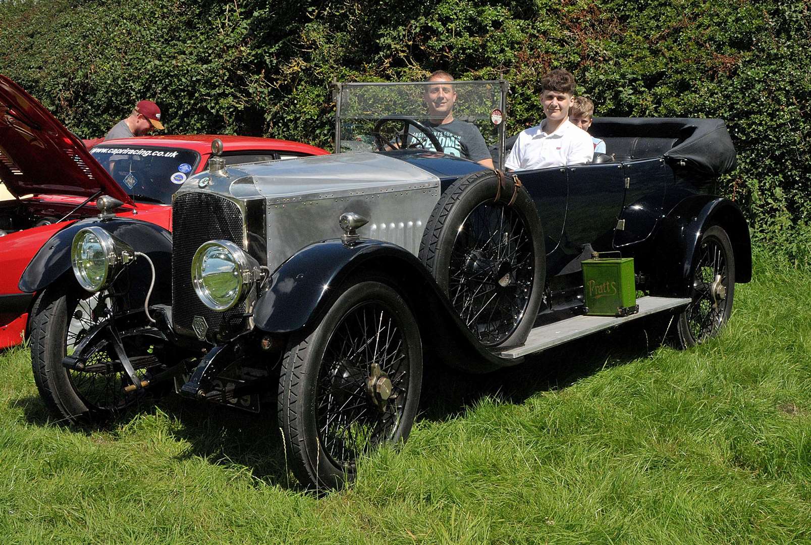 Simon Neal, with Archie, aged 18, in their 1922 Vauxhall D Type Informal meet of classic cars and motorbikes at The Bell at Aldworth, July 28 2024 Pic: Geoff Fletcher