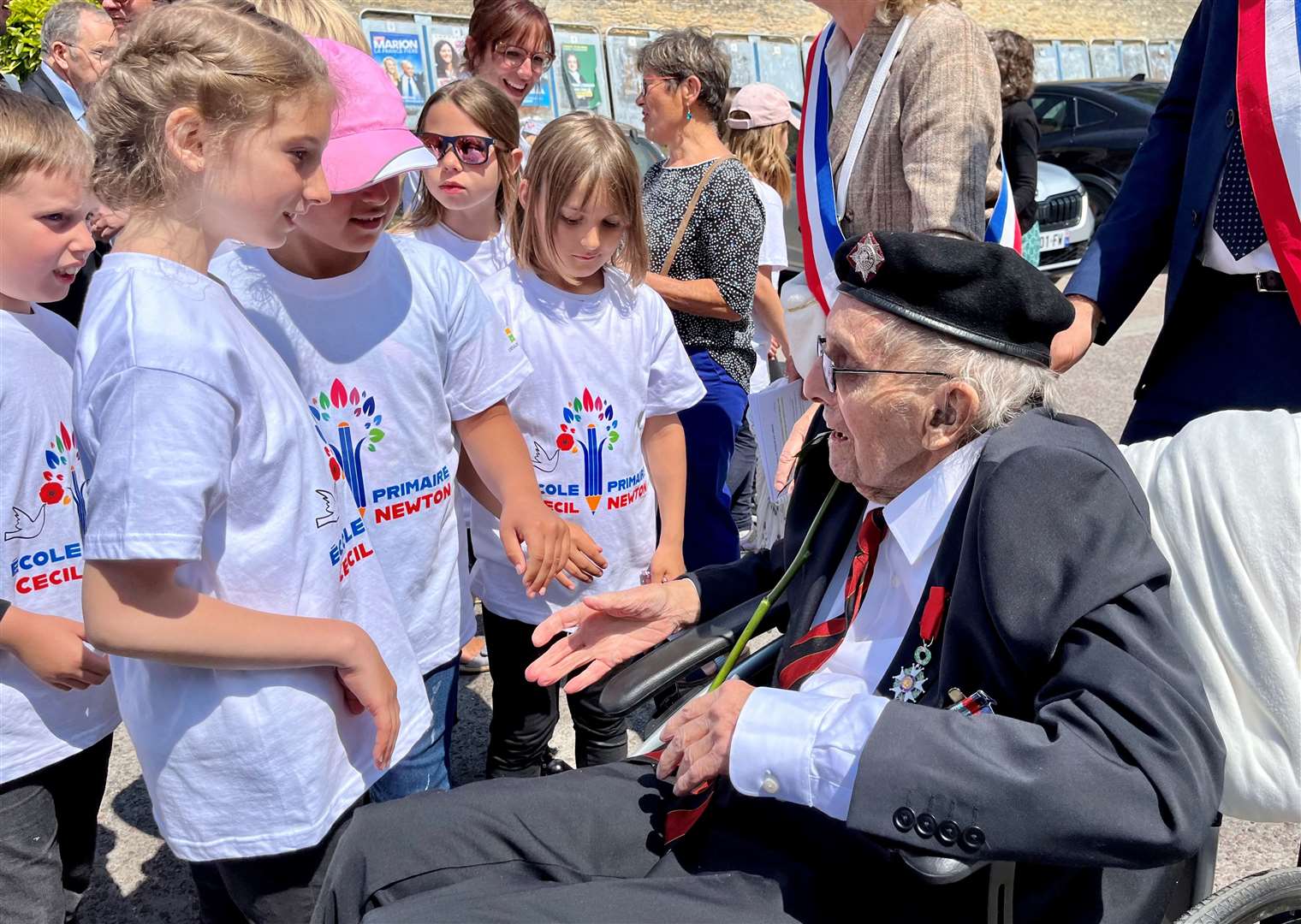 Cecil meeting pupils from the school named after him in Normandy last June