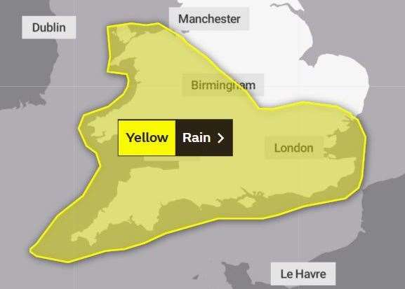 Yellow weather warning for rain announced across London and South East of England. Credit: Met Office