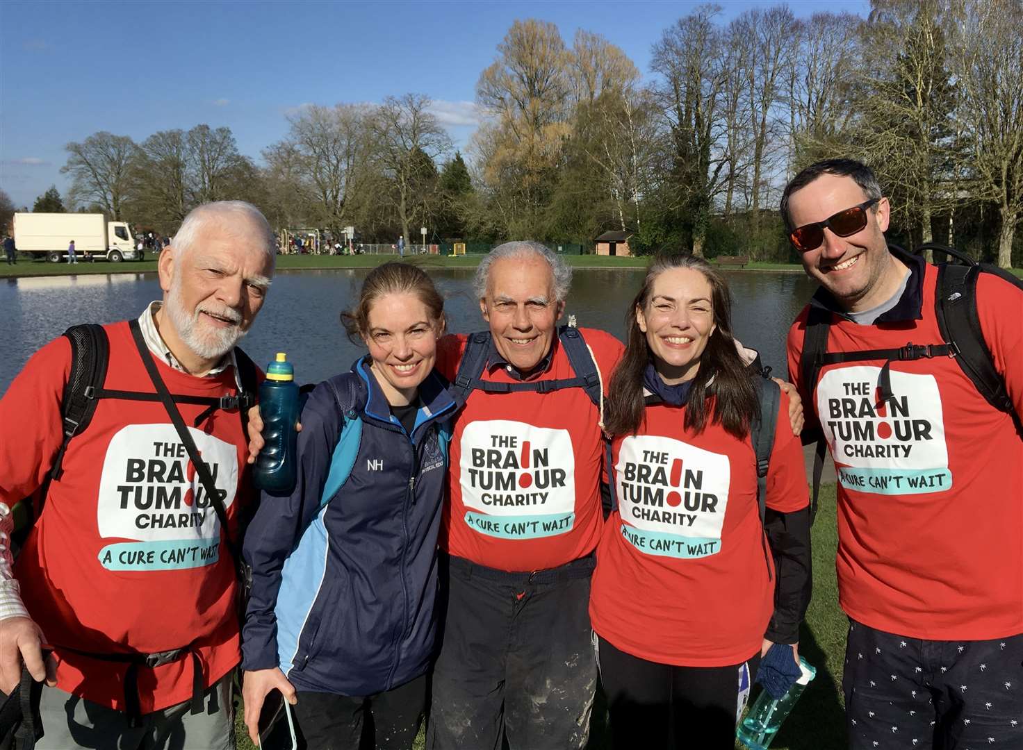 End of the walk at Victoria Park, Newbury. L to R: Tim Barton, daughter Nikki, Mike Hart, daughter Katie and Nick Graham, headteacher at Thorngrove School. Credit: Dr Paul Millard