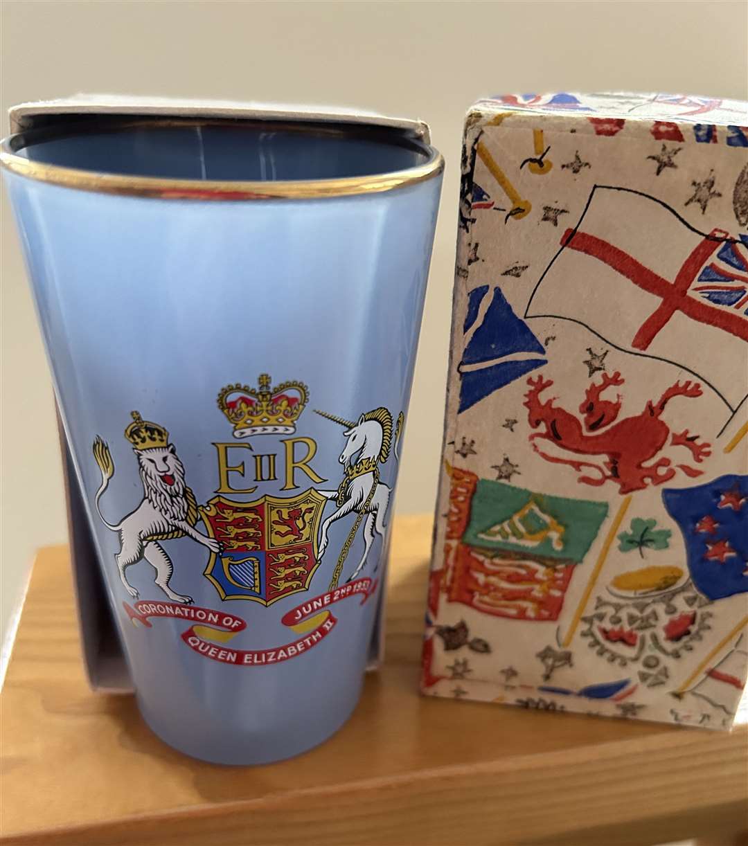 Blue beaker presented to Pauline Ayre at age five. Credit: Pauline Ayre