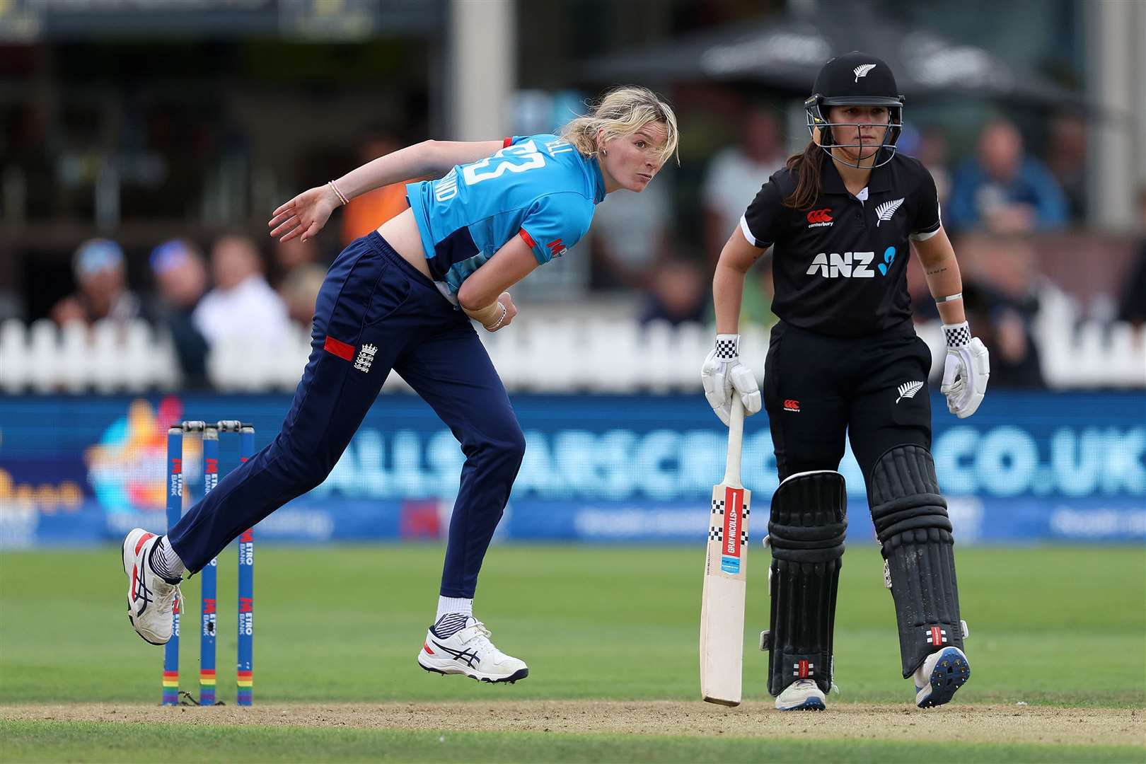 Lauren Bell of England during the 3rd Women's Metro Bank ODI at Seat Unique Stadium on July 03, 2024 in Bristol, England. (Photo by Michael Steele - ECB/ECB via Getty Images)