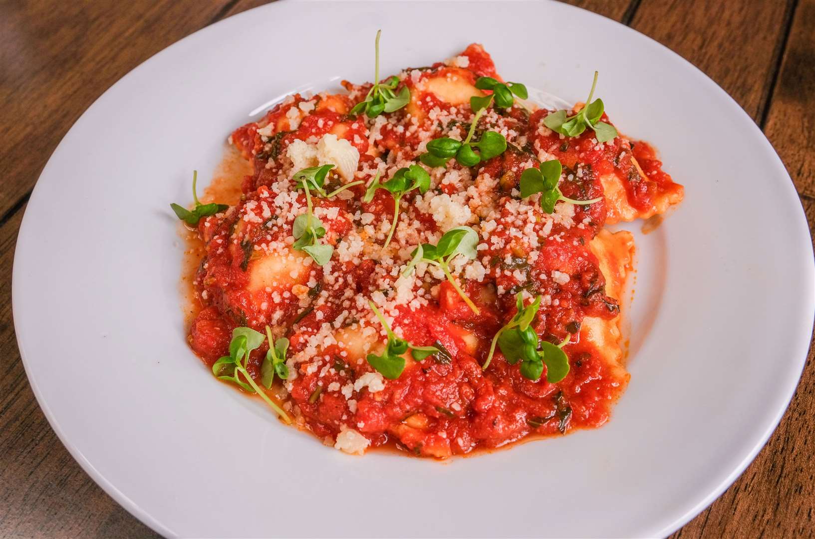 White ravioli with Wiltshire ham and mozzarella in a tomato sauce with parmesan (£16)