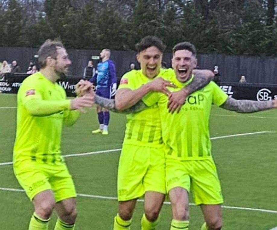 Hungerford Town's Curtis Angell celebrates his goal