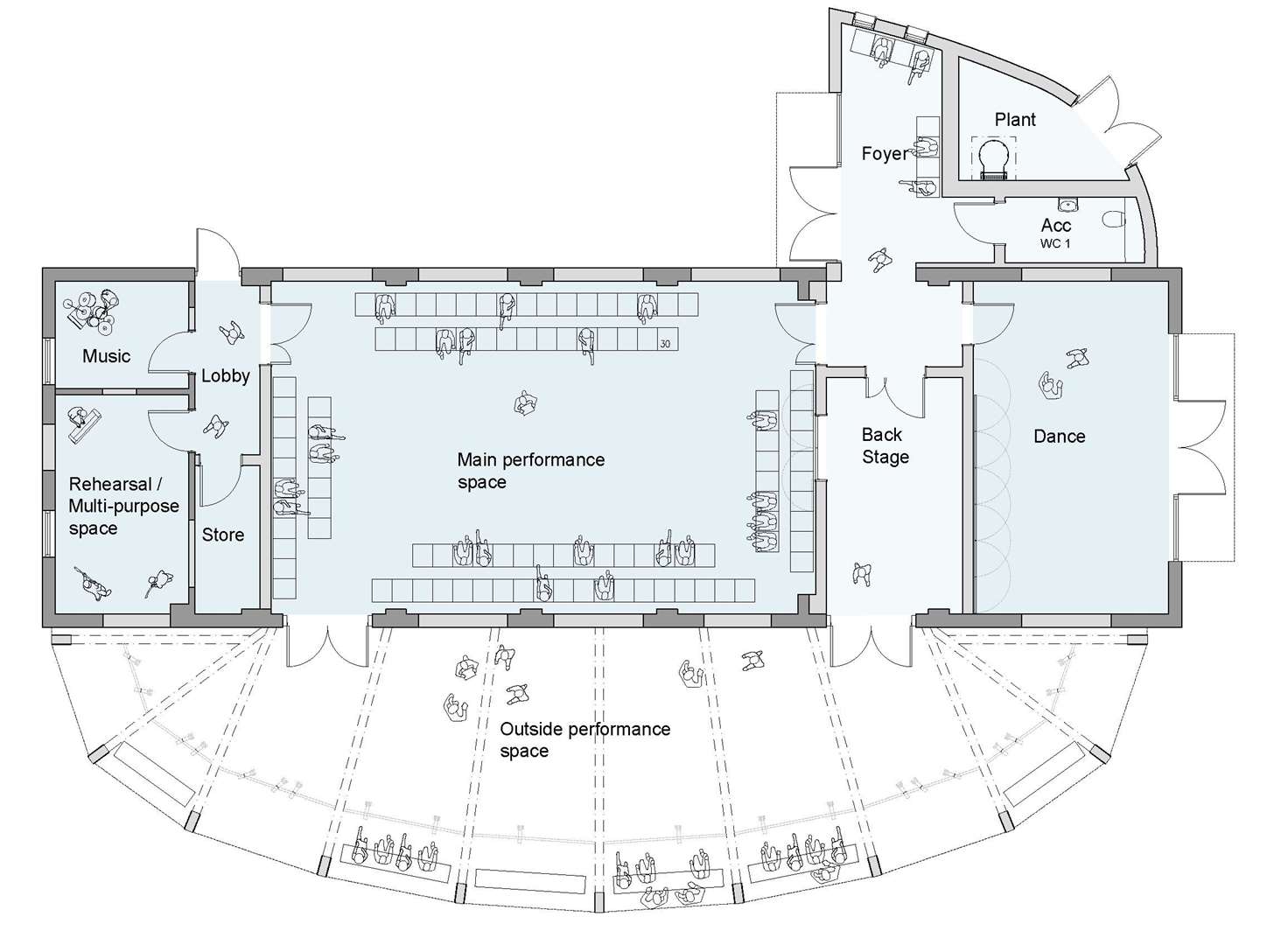 A floor plan outlining the facilities of the new Performing Arts Centre