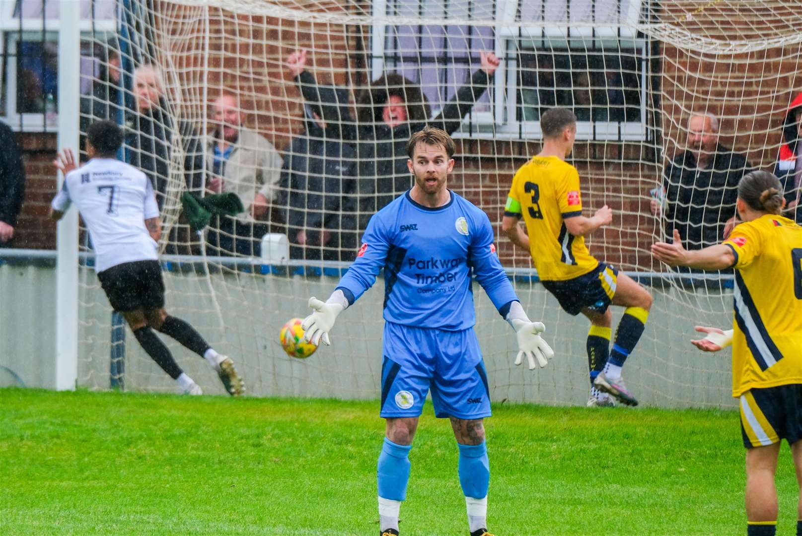 Cory Harvey and Callum Hall in disbelief after their mix-up led to Michael Fernandes’ opening goal