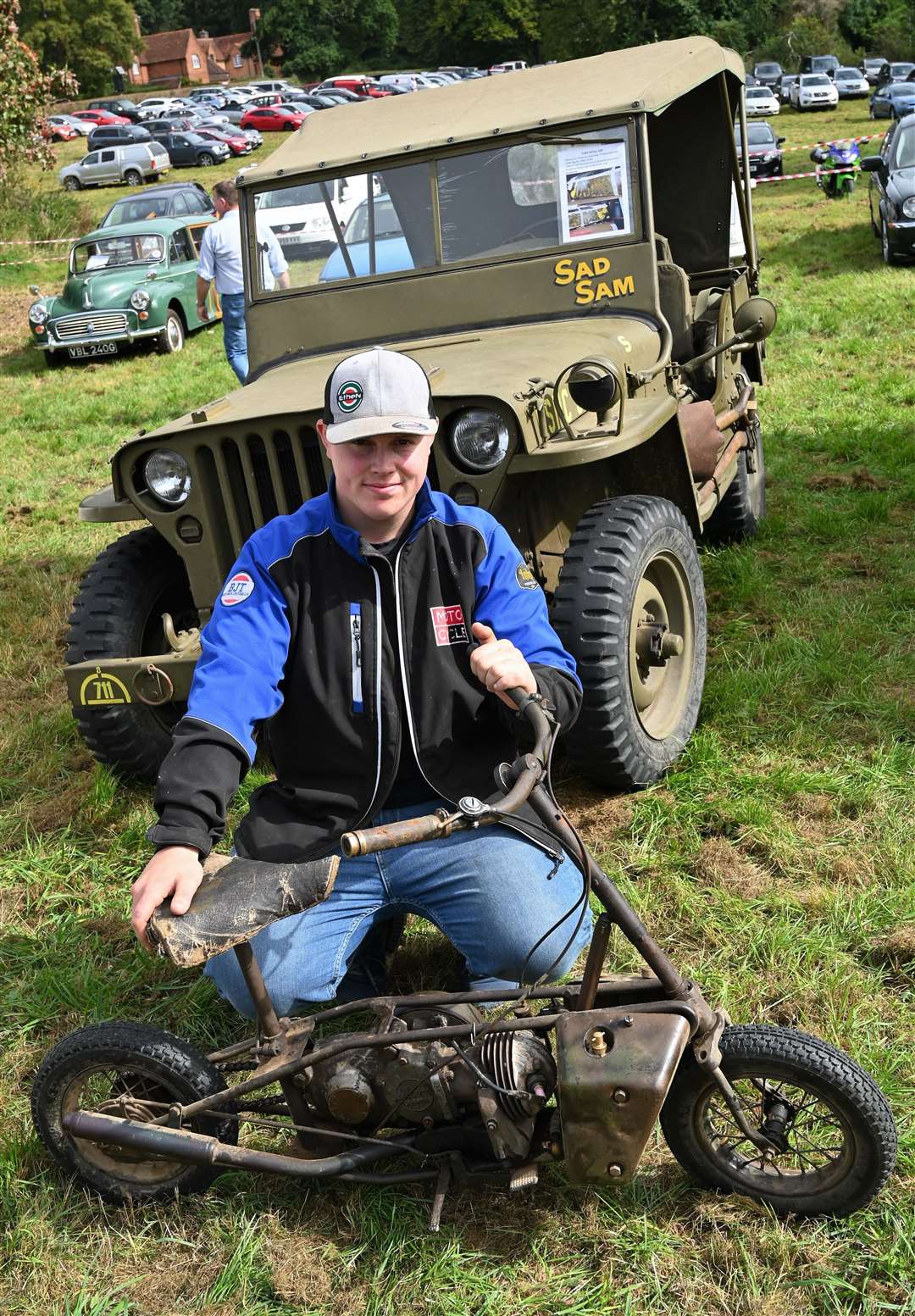 Alfie Rimell with a 1942 Excelsior WWII fold-up motorcycle.