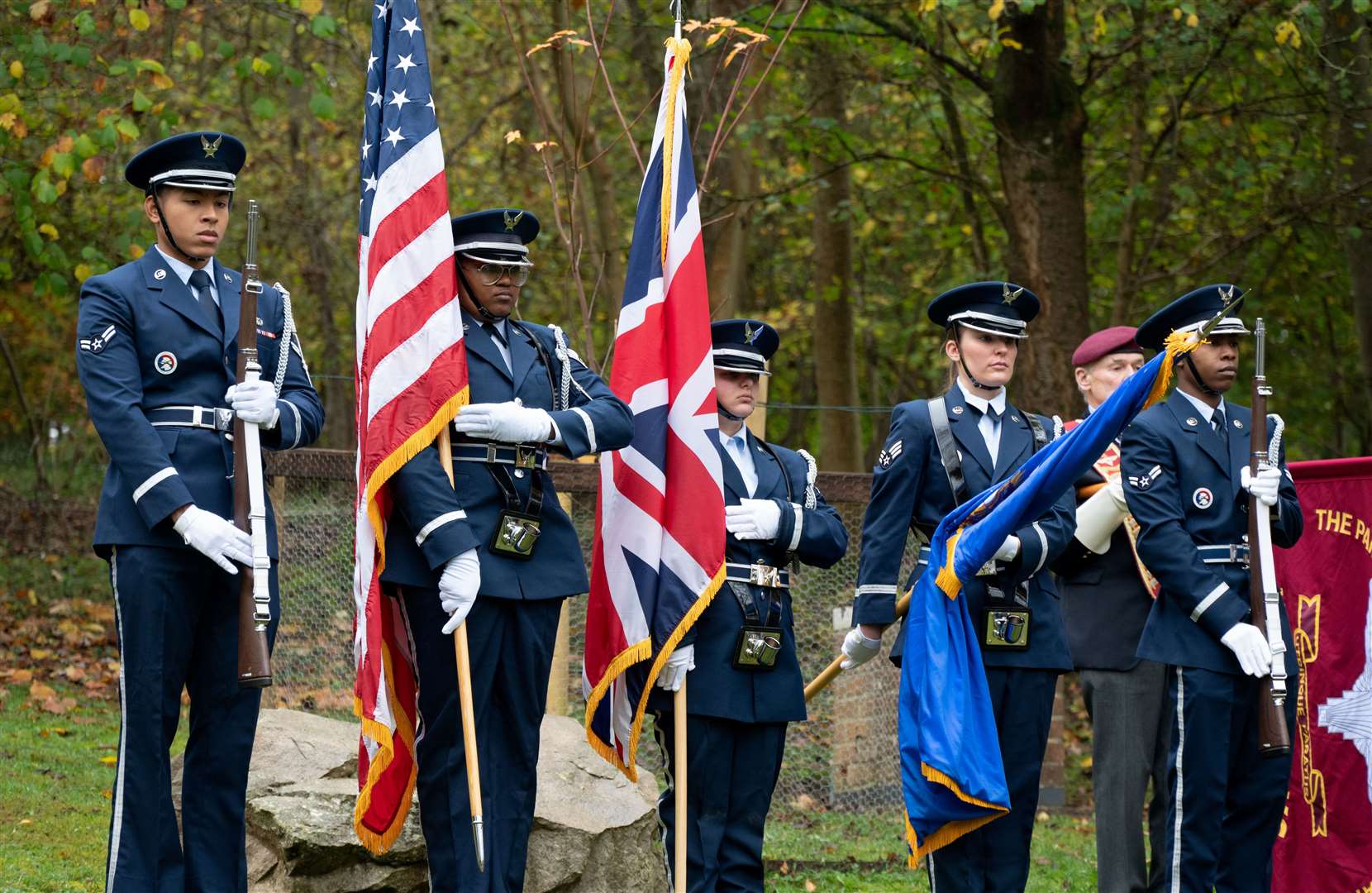 Standard-bearers stand to attention at RAF Welford Remembrance service. Credit: Adam Enbal / USAF