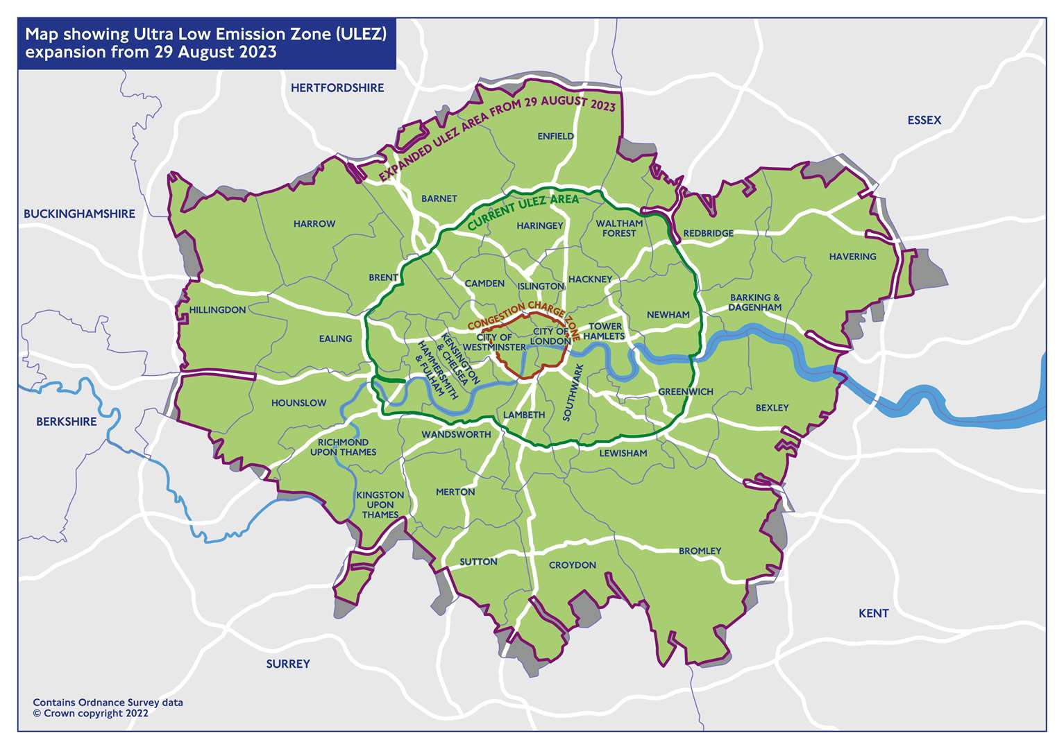Map showing the Ultra Low Emission Zone expansion from 29 August 2023. (61763624)