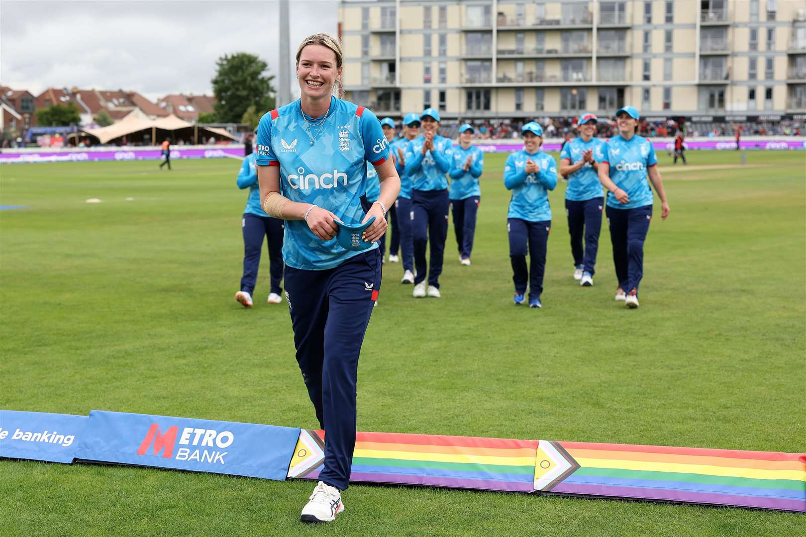 Lauren Bell of England leads the team off after finishing with 5 for 37 during the 3rd Women's Metro Bank ODI at Seat Unique Stadium on July 03, 2024 in Bristol, England. (Photo by Michael Steele - ECB/ECB via Getty Images)
