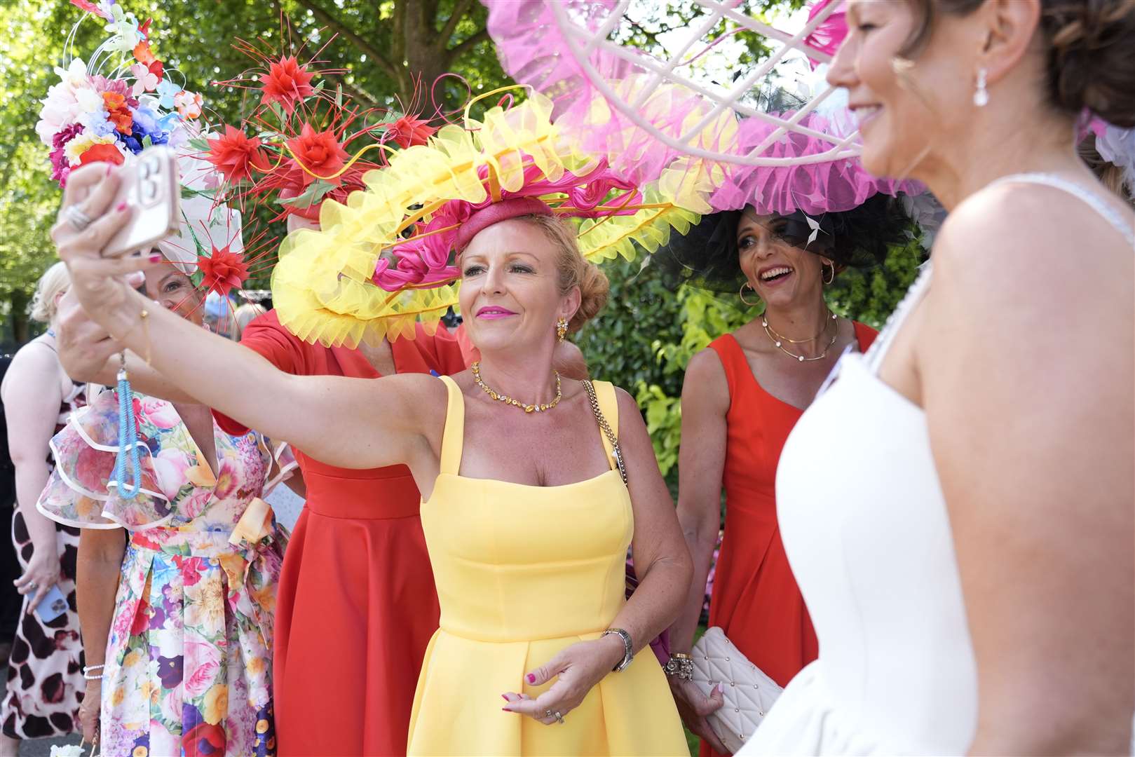 Milliner Viv Jenner, wearing her sustainable fashion hat, takes a selfie during Ladies’ Day at Royal Ascot (Andrew Matthews/PA)