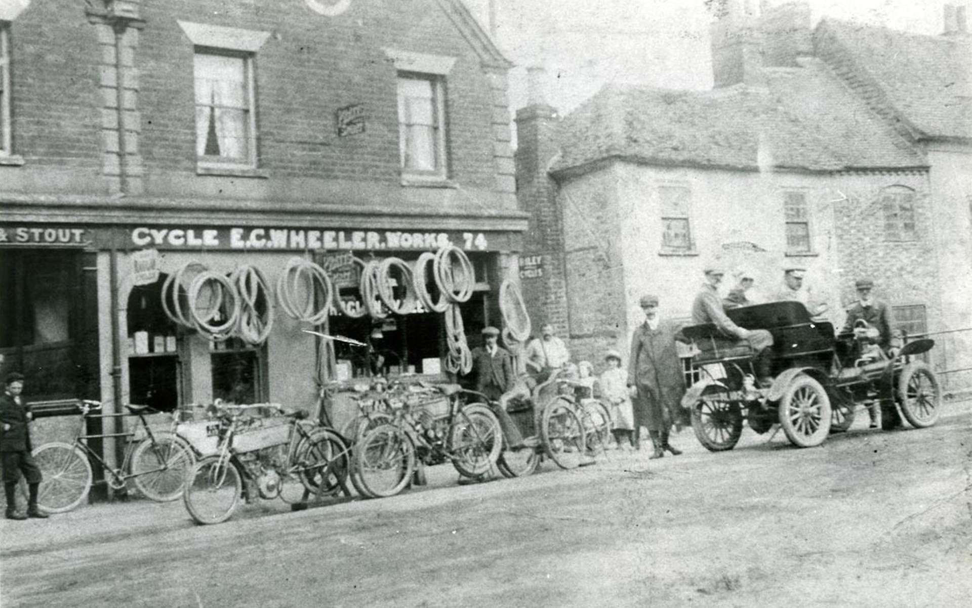 EC Wheeler Cycle Works, Cheap Street, c1904. The diamond frame design can clearly be seen in these bikes. NEBYM:1986.4.7