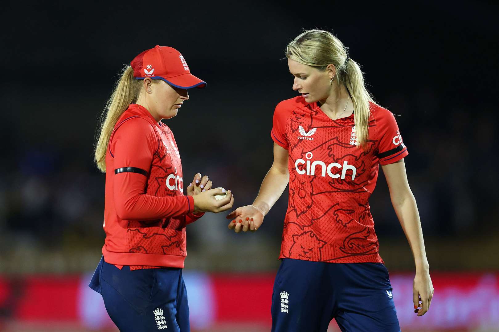 Lauren Bell with England teammate and close friend Sophie Ecclestone, who took 10 wickets in the match. Picture: WIndies Cricket via ECB