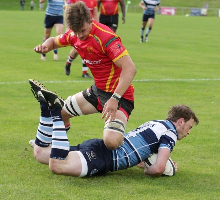 Toby Pearce touches down for Blues in last week's win over Lydney