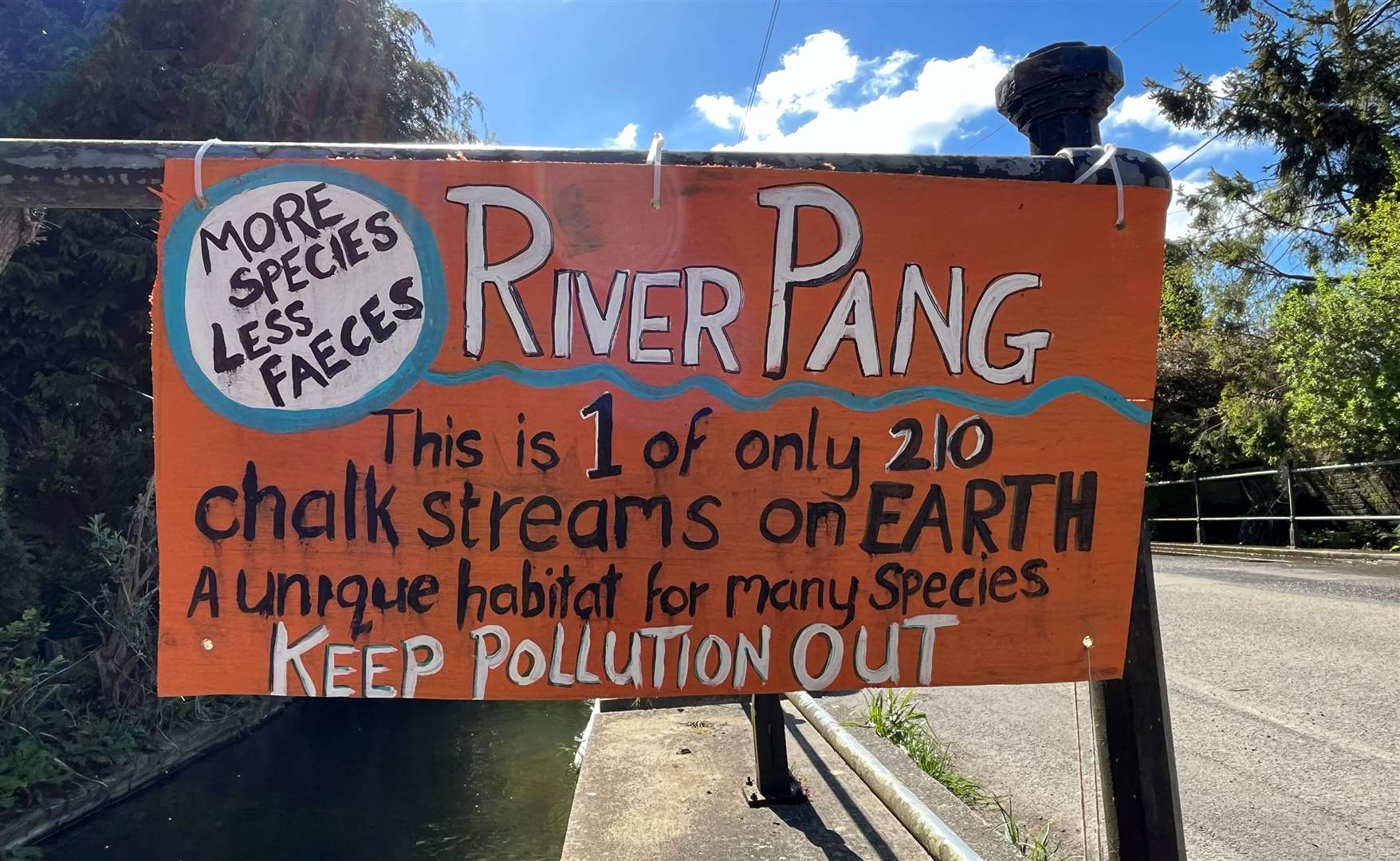Makeshift signs highlight the ongoing sewage pollution in Hampstead Norreys. Credit: Mirek Gosney