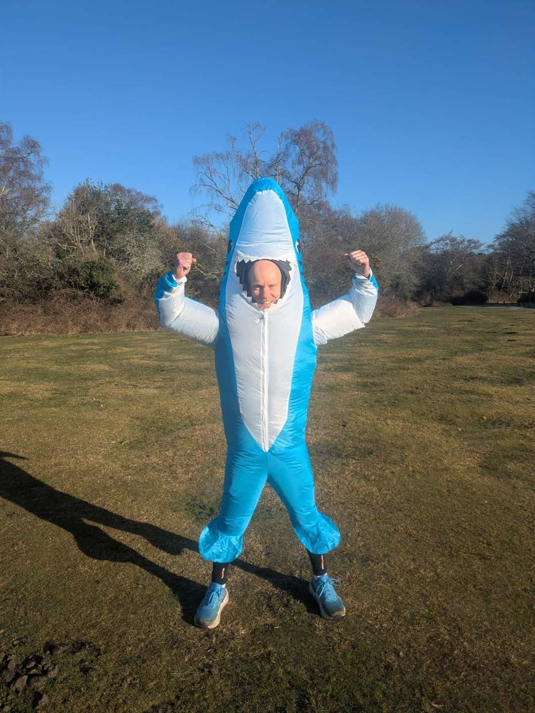 Simon Heylar said people in the New Forest are used to seeing him running in his shark outfit but the local ponies are still wary (Handout/PA)