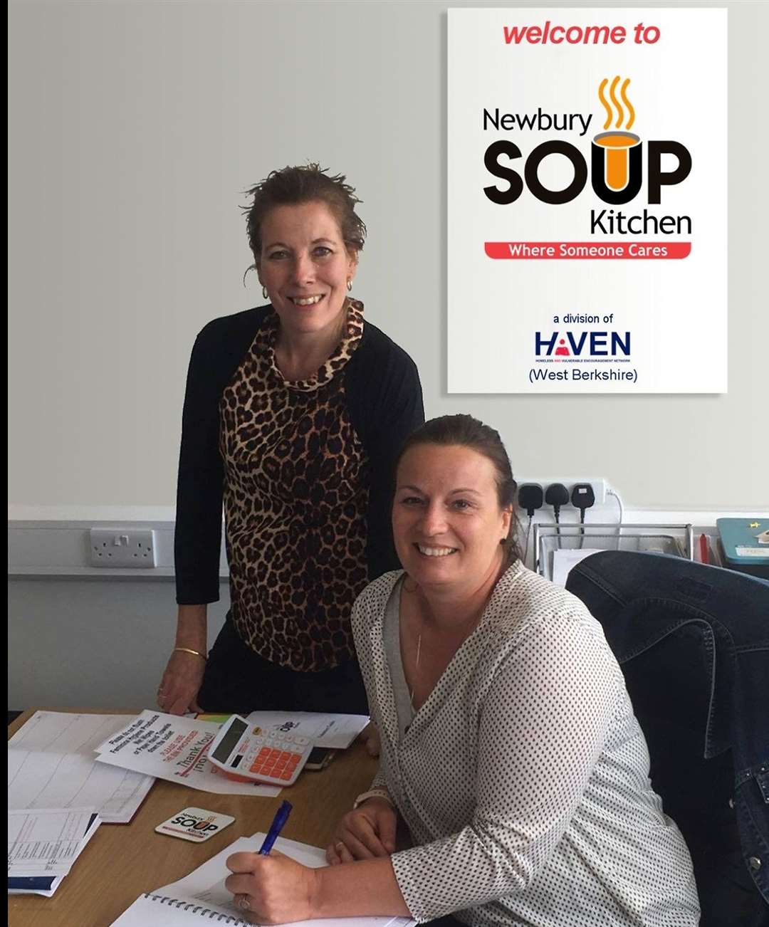 Trustee and volunteer Mai-Britt Gram Jensen (seated) with Newbury Soup Kitchen founder and operations manager Meryl Praill