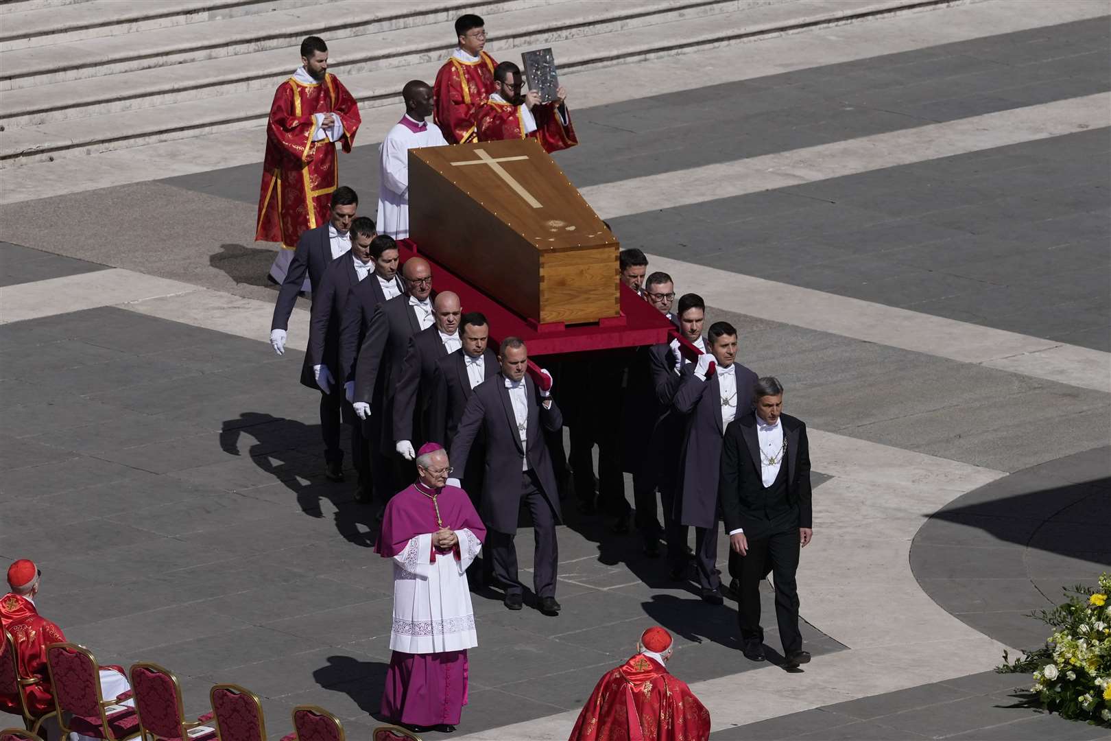The coffin of Pope Francis is carried into St Peter’s Square for his funeral at the Vatican (Gregorio Borgia/AP)