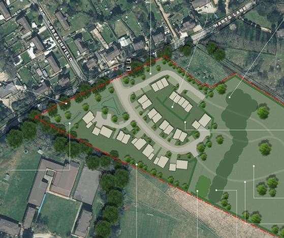 The proposed site layout for 25 homes to be built on the south side of Harts Lane in Burghclere, credit: Marlow Architects