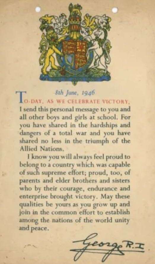 Letter sent to all schoolchildren at the end of the war by King George VI