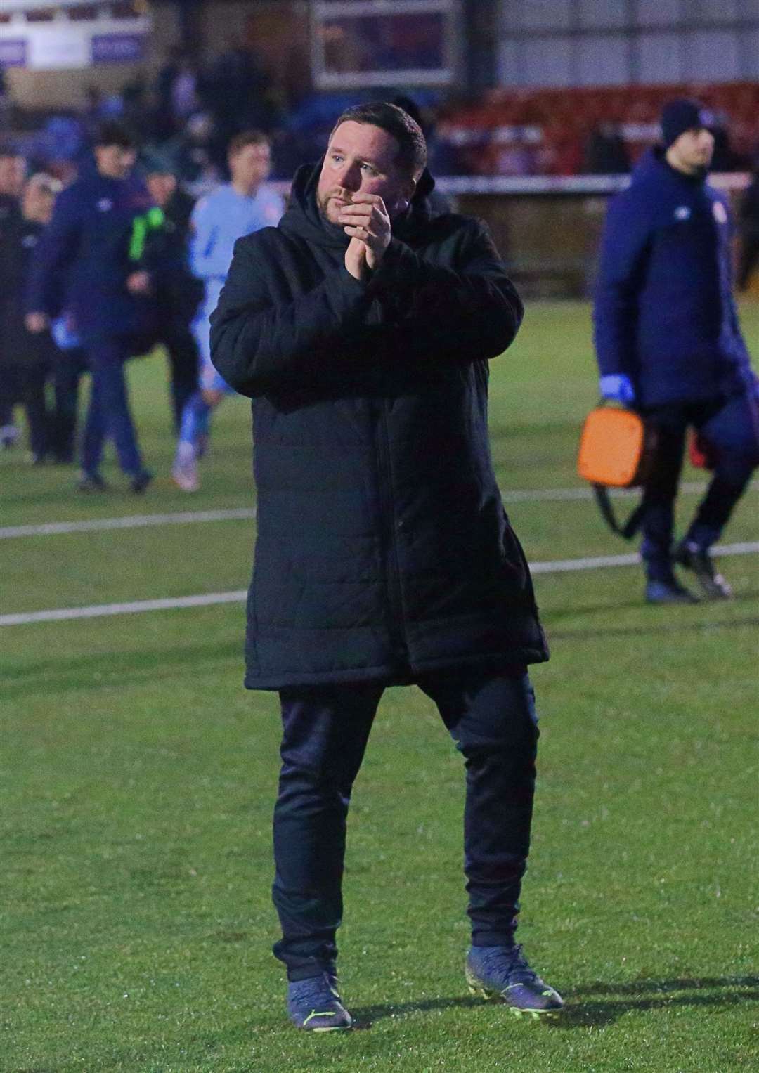 Robinson thanks the Crusaders fans that made the trip to Eastbourne Borough. Pic: Jeff Youd