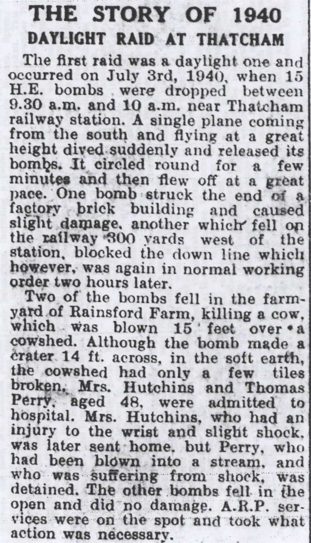 A Newbury Weekly News report about the daylight raid on Thatcham which caused damage to Rainsford Farm