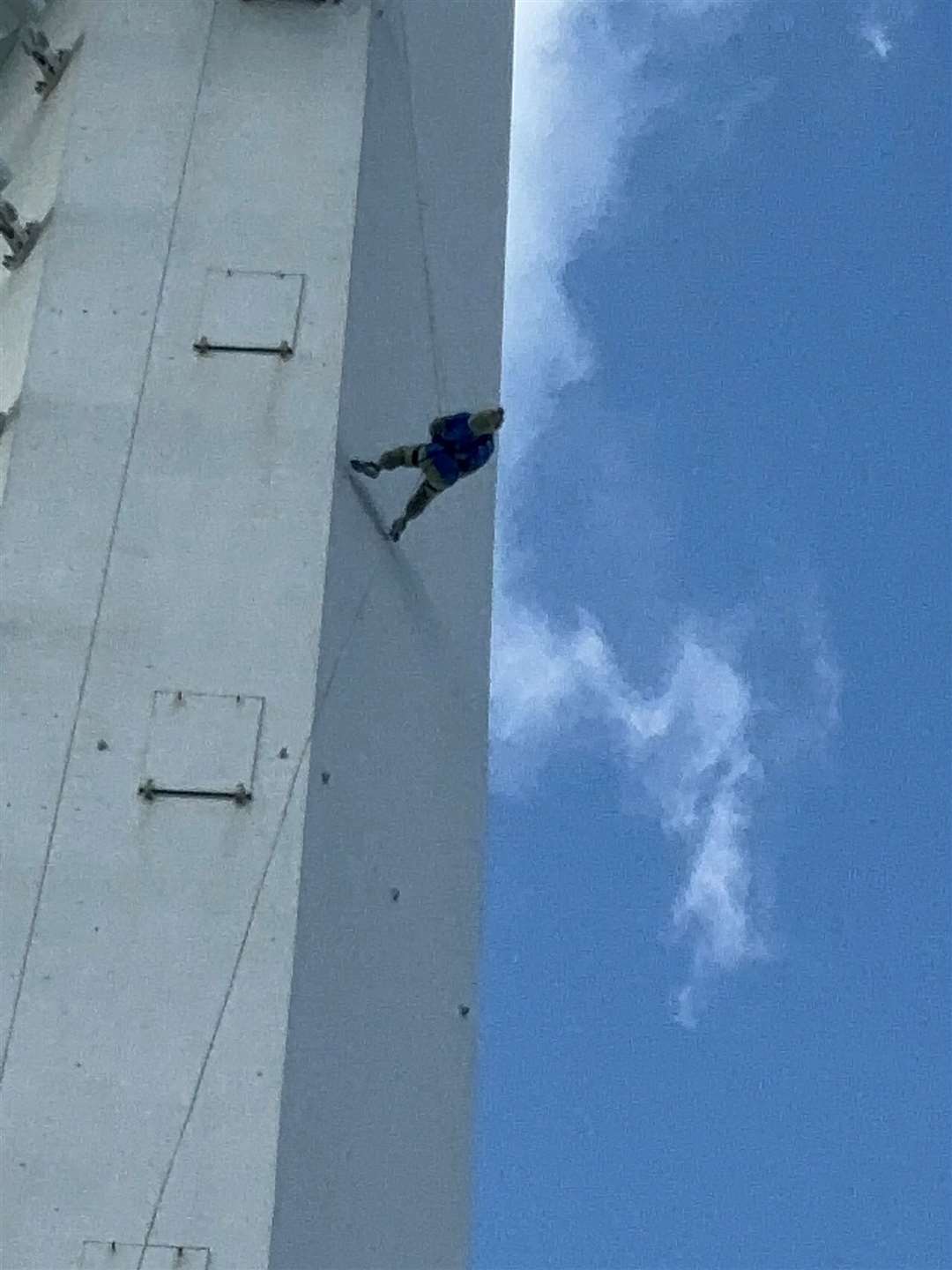 Canine Croc abseiling down the tower