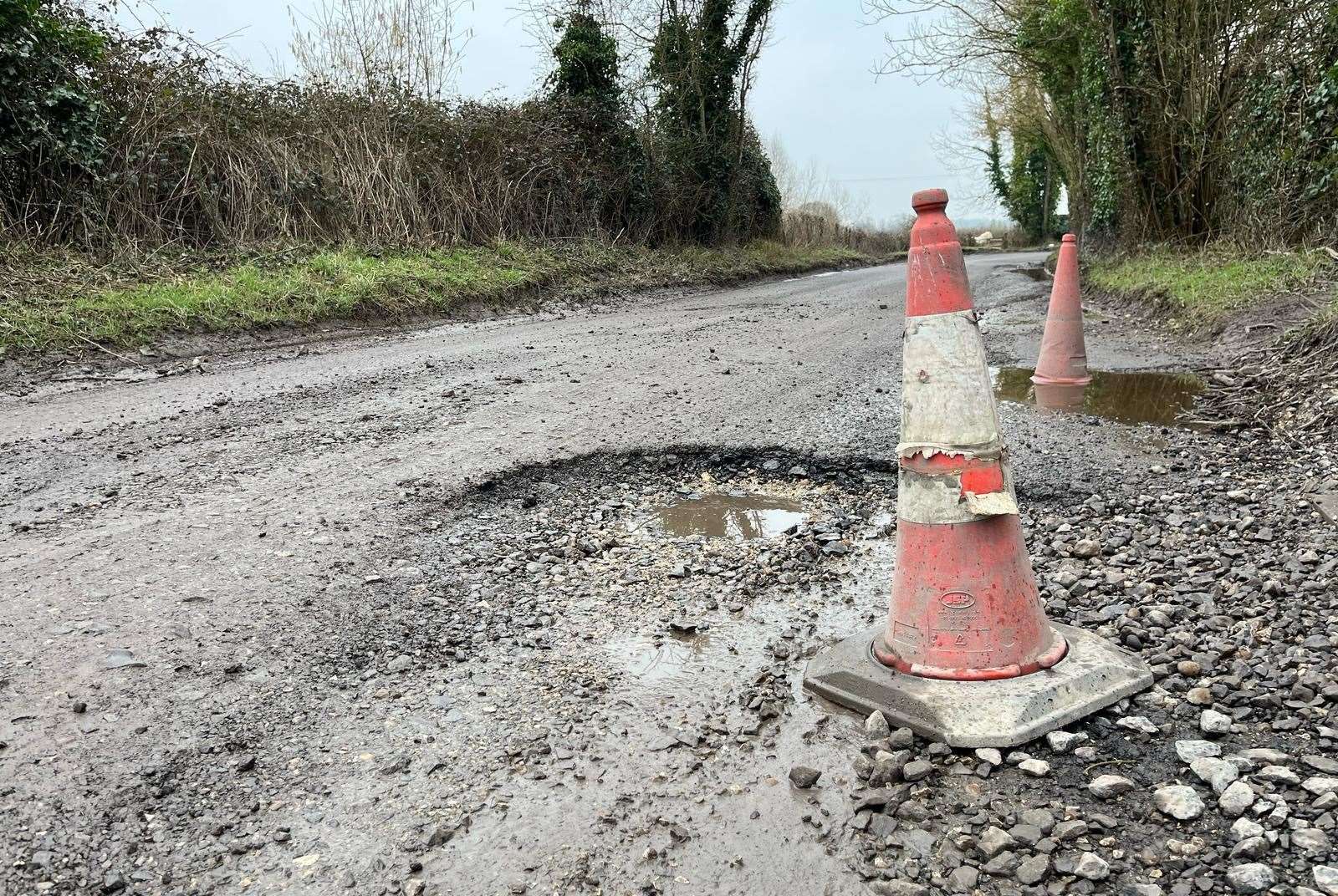The poor state of Station Road south of The Rowbarge