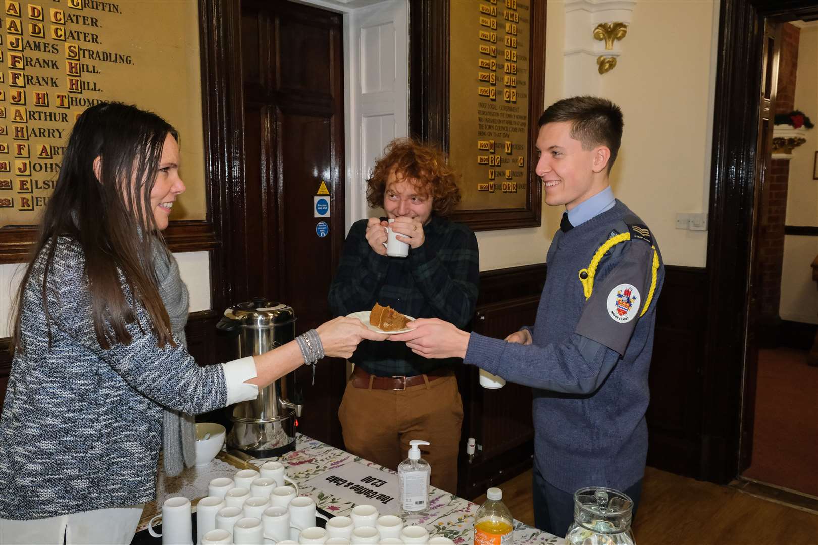 Mayors Coffee Morning in aid of NWN over 80s parcel fund .Ali Monjack , Ben Prout and Josh Lane Mayors Cadet .Ref: 48-2421. (53387663)