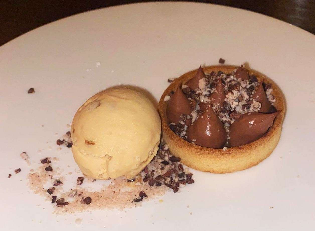 Millionaires chocolate tart with salted caramel ice cream (£8)
