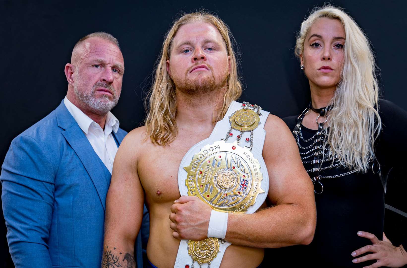 Doug Williams, Chris Bronson and LA Taylor at British Kingdom Pro Wrestling event in Thatcham - Photo: Emma Meek